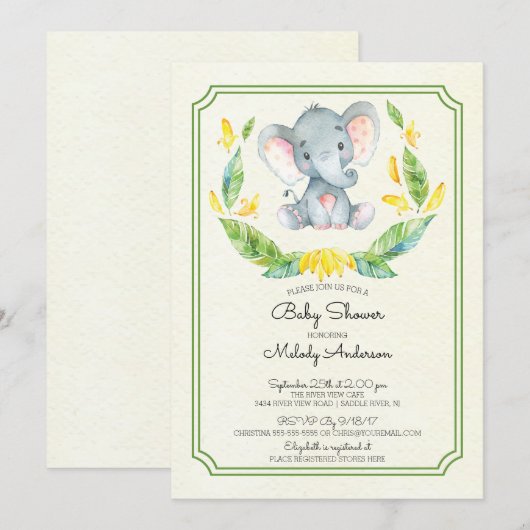 Schattige Olifant Neutral Baby shower Invitation Kaart (Voorkant / Achterkant)