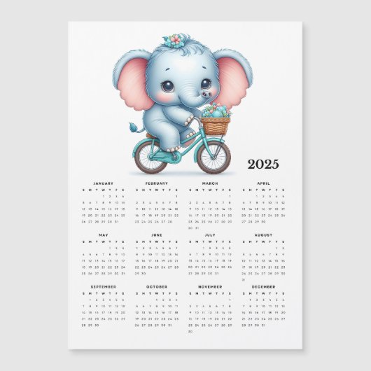 Schattige olifant op een fiets 2025 magneetkalende (Voorkant)