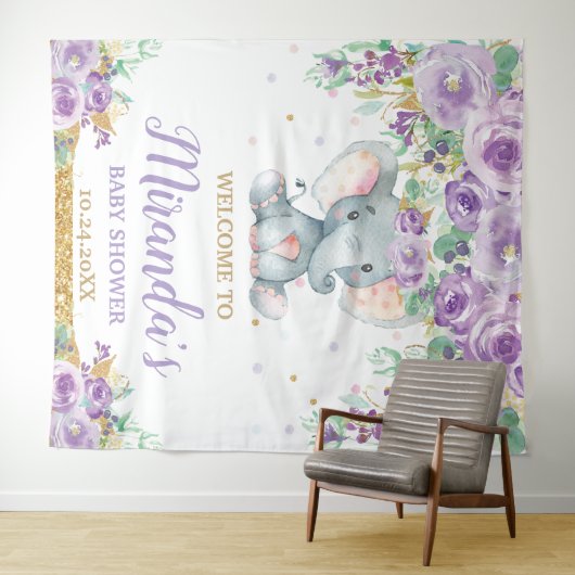 Schattige Olifant Paarse Bloem Baby Shower Welkom Wandkleed (In Situ (horizontaal))