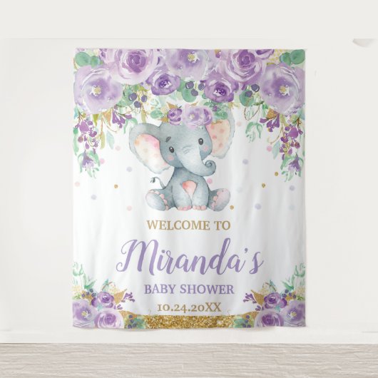 Schattige Olifant Paarse Bloem Baby Shower Welkom Wandkleed (Voorkant)