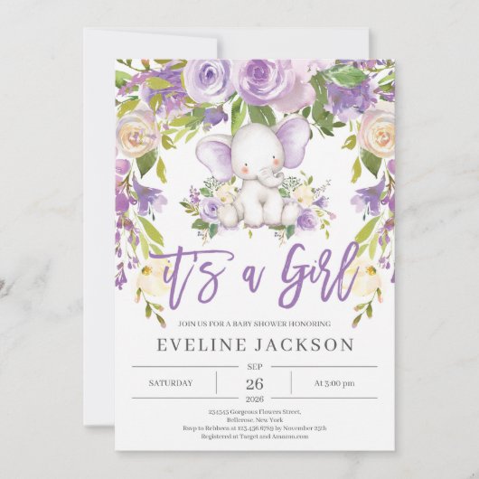 Schattige olifant paarse bloem rustieke babyshower kaart (Voorkant)