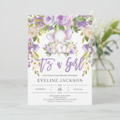 Schattige olifant paarse bloem rustieke babyshower kaart (Staand voorkant)