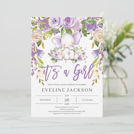 Schattige olifant paarse bloem rustieke babyshower kaart (Staand voorkant)