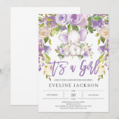 Schattige olifant paarse bloem rustieke babyshower kaart (Voorkant / Achterkant)