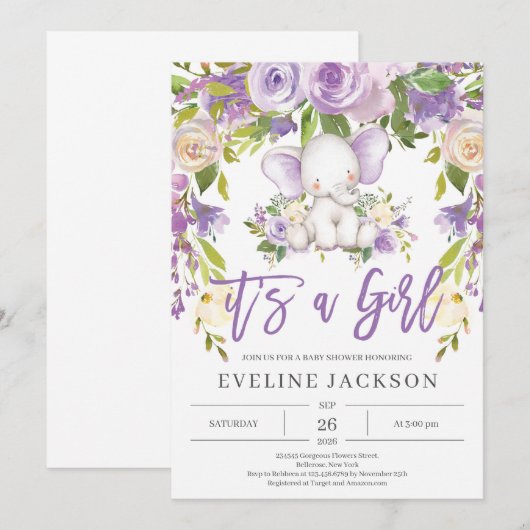 Schattige olifant paarse bloem rustieke babyshower kaart (Voorkant / Achterkant)