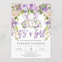 Schattige olifant paarse bloem rustieke babyshower kaart