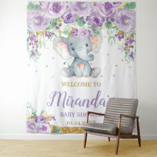 Schattige Olifant Paarse Bloemige Baby Shower Welk Wandkleed