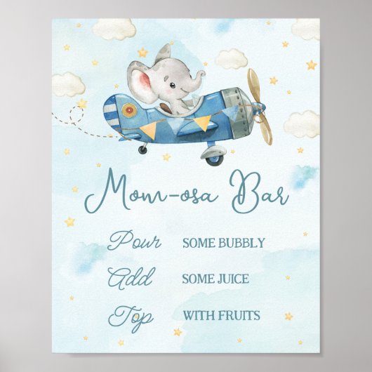 Schattige Olifant Plane Adventure Blue Momosa Bar Poster (Voorkant)