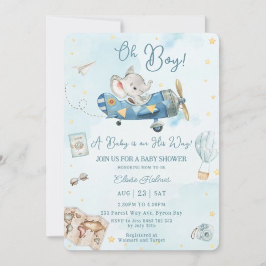 Schattige Olifant Plane Adventure Oh Boy Baby show Kaart (Voorkant)