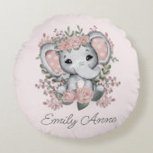 Schattige Olifant Roze Bloem Stip Kind Naam   Rond Kussen (Voorkant)