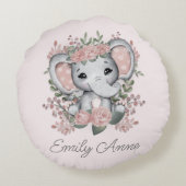 Schattige Olifant Roze Bloem Stip Kind Naam Rond Kussen (Achterkant)