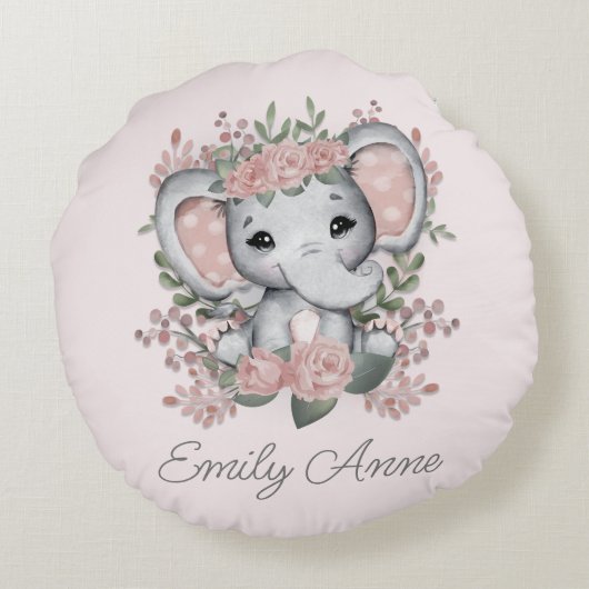 Schattige Olifant Roze Bloem Stip Kind Naam   Rond Kussen (Achterkant)