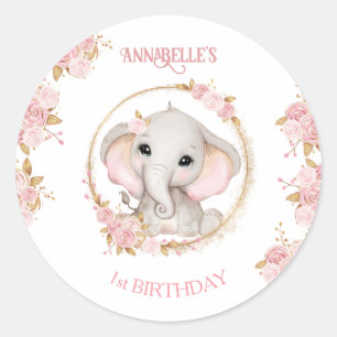 Schattige Olifant Roze Bloemen 1e Verjaardag Meisj Ronde Sticker