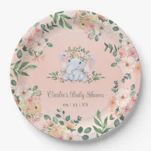Schattige Olifant Roze Bloemen Baby Meisje Baby sh Papieren Bordje