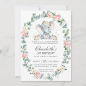 Schattige Olifant Roze Bloemen Groen 1e Verjaardag Kaart (Voorkant)