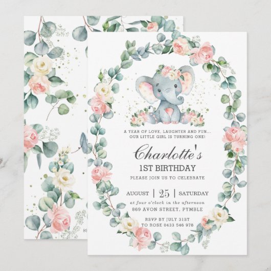 Schattige Olifant Roze Bloemen Groen 1e Verjaardag Kaart (Voorkant / Achterkant)