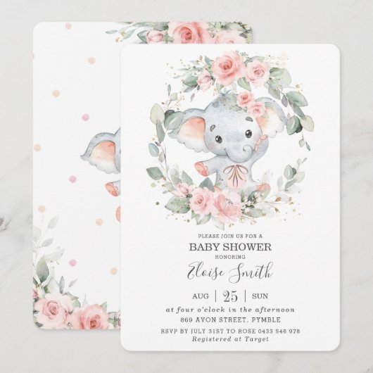 Schattige Olifant Roze Bloemen Groen Baby shower Kaart (Voorkant / Achterkant)