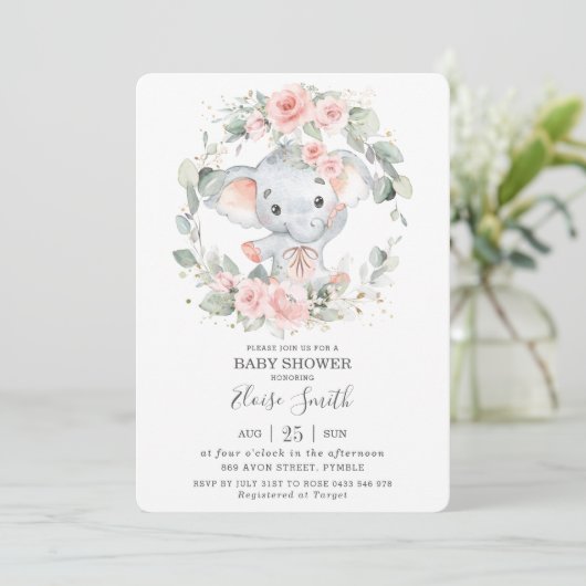 Schattige Olifant Roze Bloemen Groen Baby shower Kaart (Staand voorkant)