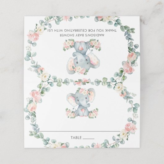 Schattige Olifant Roze Bloemen Groen Baby shower Plaatskaartje (Buitenkant ongevouwen)