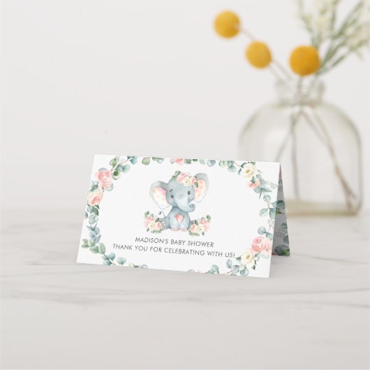 Schattige Olifant Roze Bloemen Groen Baby shower Plaatskaartje (Achterkant)
