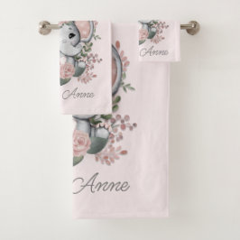 Schattige Olifant Roze Bloemen Groene Bladeren Naa Bad Handdoek
