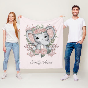 Schattige Olifant Roze Bloemen Groene Kind Naam Fleece Deken