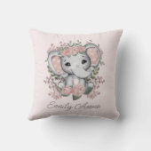 Schattige Olifant Roze Bloemen Groene Kind Naam Kussen (Achterkant)