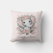 Schattige Olifant Roze Bloemen Groene Kind Naam Kussen (Voorkant)