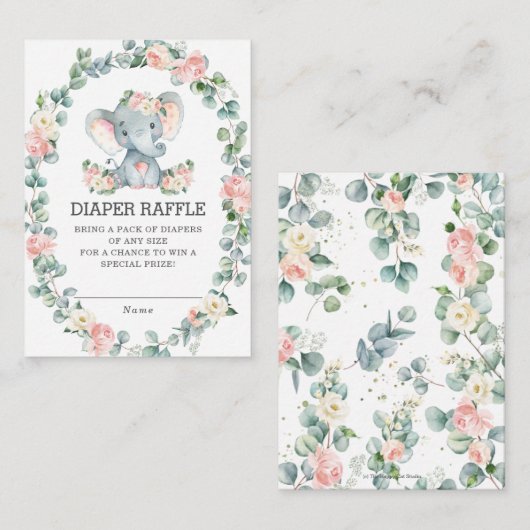 Schattige Olifant Roze Bloemen Groene Luier Raffle Informatiekaartje (Voorkant / Achterkant)