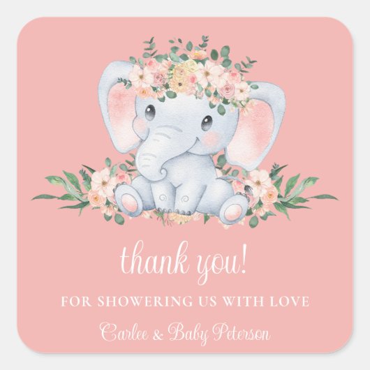 Schattige Olifant Roze Bloemen Meisje Baby shower Vierkante Sticker (Voorkant)