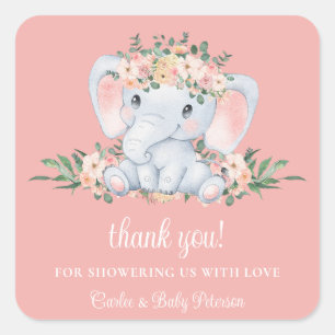 Schattige Olifant Roze Bloemen Meisje Baby shower Vierkante Sticker