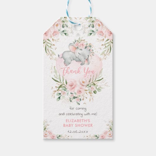 Schattige Olifant Roze Blush Goud Bloemen Baby sho Cadeaulabel (Voorkant)