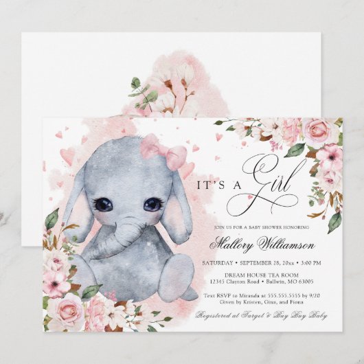 Schattige Olifant Roze Rose Meisje Baby shower Kaart (Voorkant / Achterkant)