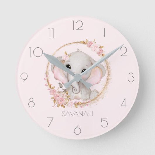 Schattige Olifant Roze Rozen Meisjesnaam Ronde Klok (Voorkant)