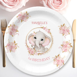 Schattige Olifant Roze Wit Bloemen Verjaardagsmeis Papieren Bordje