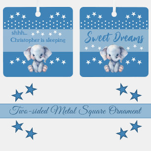 Schattige olifant sstt voeg naam toe slaapt blauw metalen ornament