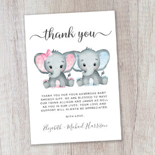 Schattige Olifant Twin Meisje Jongen Baby shower Bedankkaart