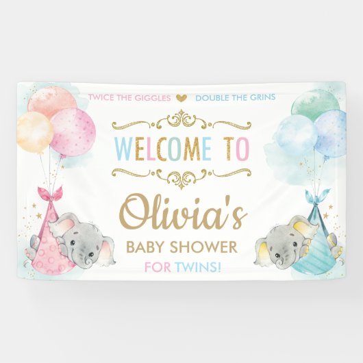 Schattige Olifant Twins Jongen Meisje Baby shower  Spandoek (Horizontaal)