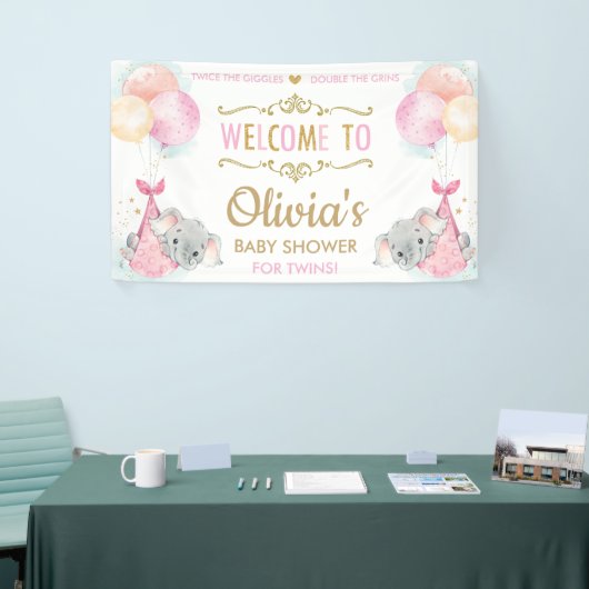 Schattige Olifant Twins Meisjes Baby shower Achter Spandoek (Beurs)