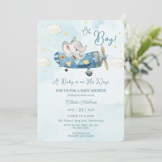 Schattige Olifant Vliegtuig Sky Boy Baby shower Kaart (Staand voorkant)