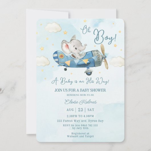 Schattige Olifant Vliegtuig Sky Boy Baby shower Kaart (Voorkant)