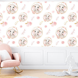 Schattige Olifant Wit Roze Rozen Bloemen Meisje Behang