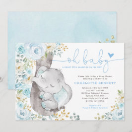 Schattige Olifant Zacht Blauw Bloemen Jongen Baby Kaart