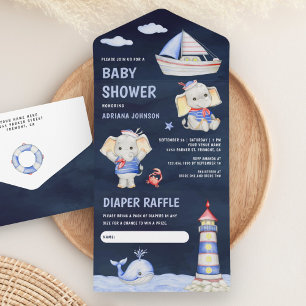 Schattige Olifant Zeevaart Boot Navy Blauwe Baby S All In One Uitnodiging
