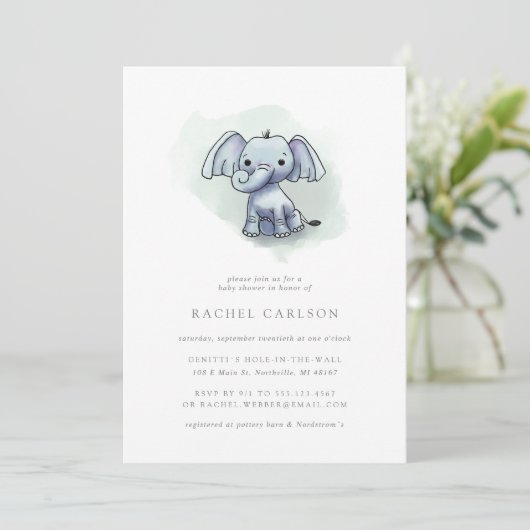 schattige olifant zittend baby shower kaart (Staand voorkant)