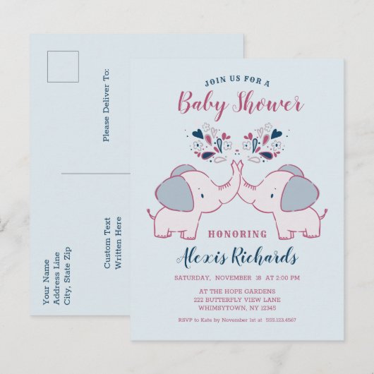 Schattige olifanten en harten Schattige Baby showe Uitnodiging Briefkaart (Voorkant / Achterkant)