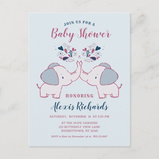Schattige olifanten en harten Schattige Baby showe Uitnodiging Briefkaart (Voorkant)