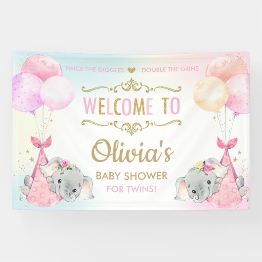 Schattige Olifanten Twin Meisjes Baby shower Achte Spandoek (Horizontaal)