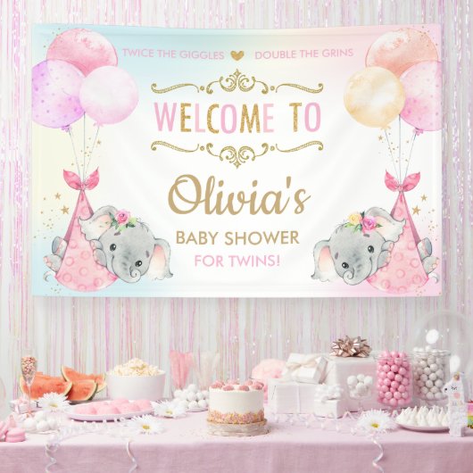 Schattige Olifanten Twin Meisjes Baby shower Achte Spandoek (Feest)