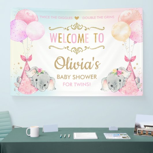 Schattige Olifanten Twin Meisjes Baby shower Achte Spandoek (Beurs)